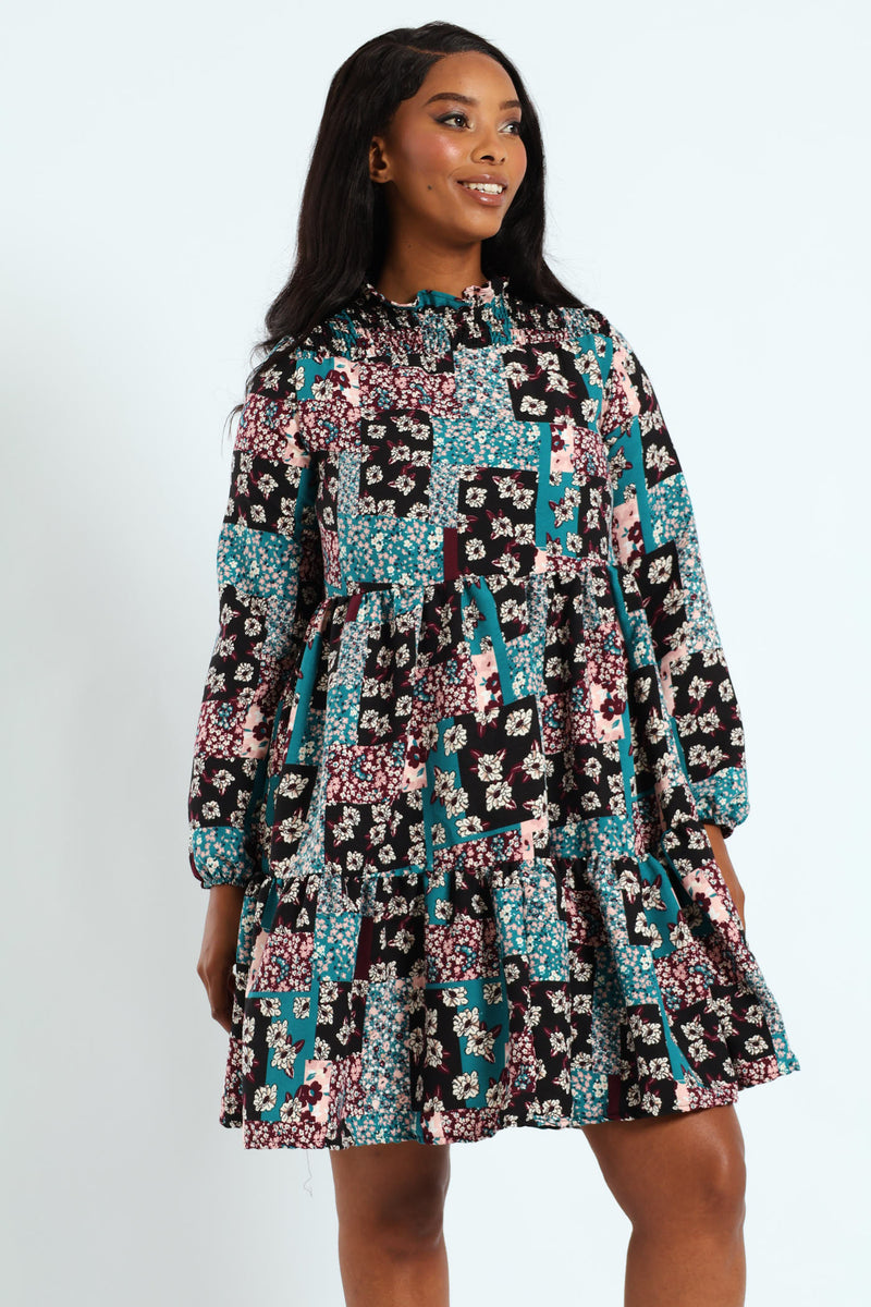 Long Sleeve Shirred Yoke Tiered Babydoll Mini Dress