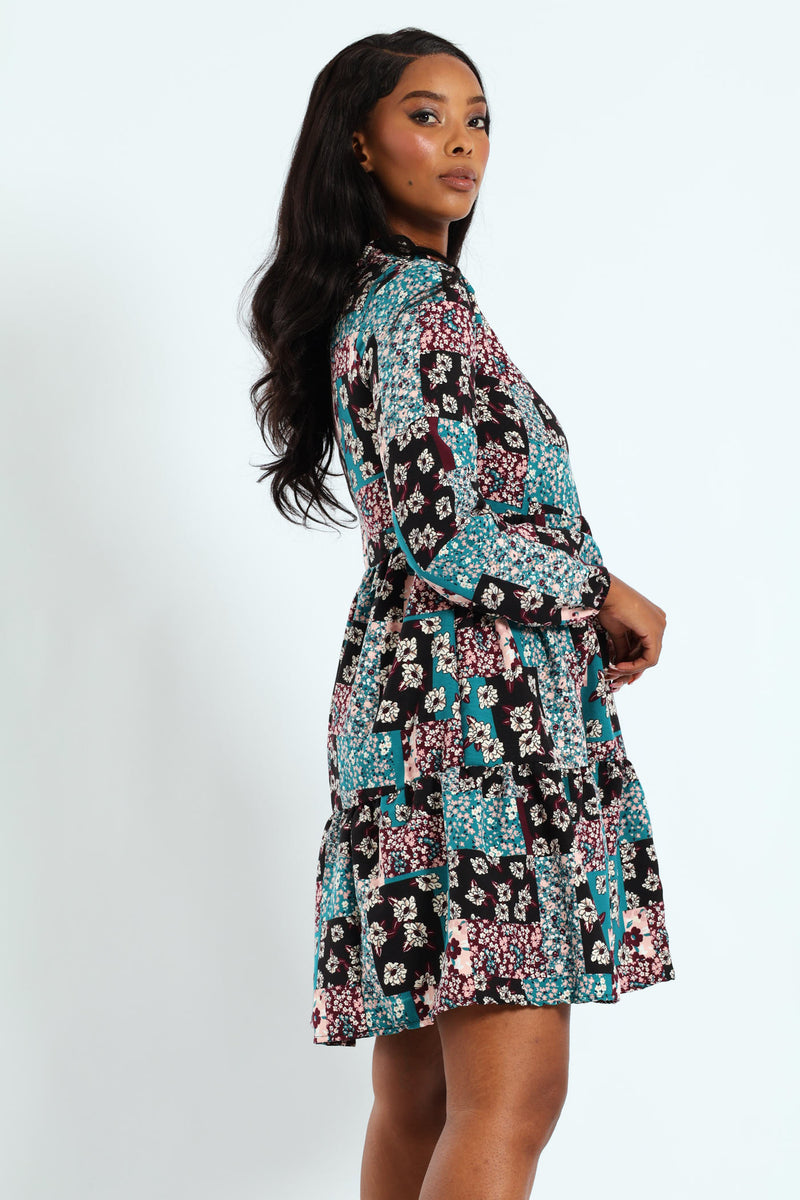 Long Sleeve Shirred Yoke Tiered Babydoll Mini Dress