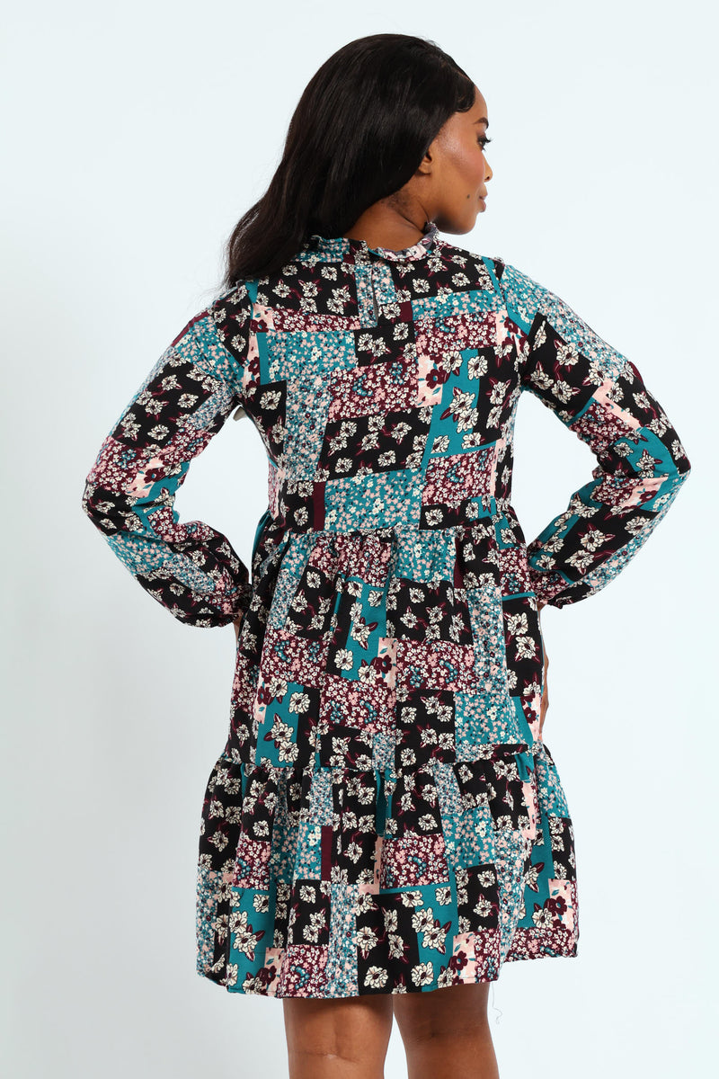 Long Sleeve Shirred Yoke Tiered Babydoll Mini Dress