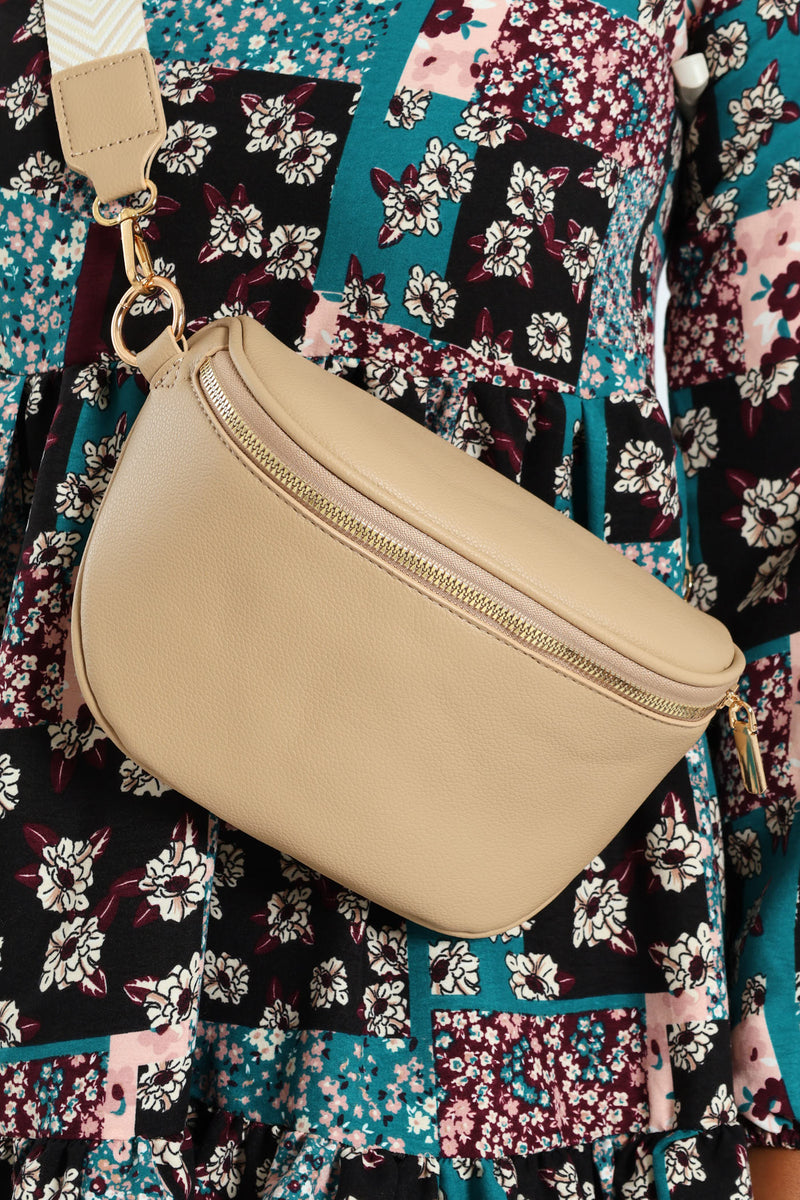 Gold Zip Moon Bag - Taupe