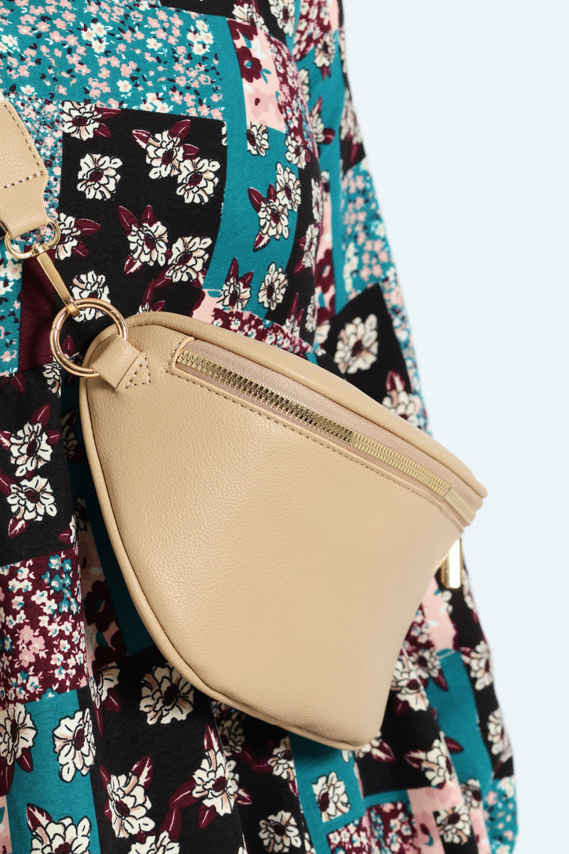 Gold Zip Moon Bag - Taupe