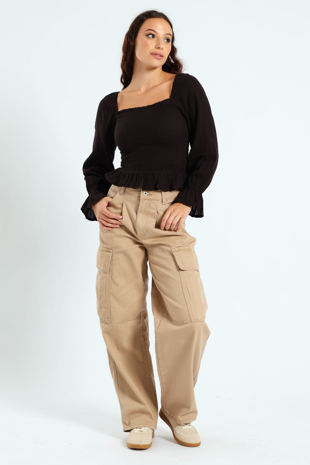 Pleated Barrel Cargo Pants - Stone