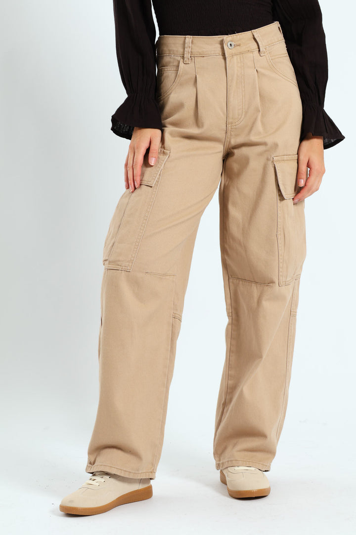 Pleated Barrel Cargo Pants - Stone