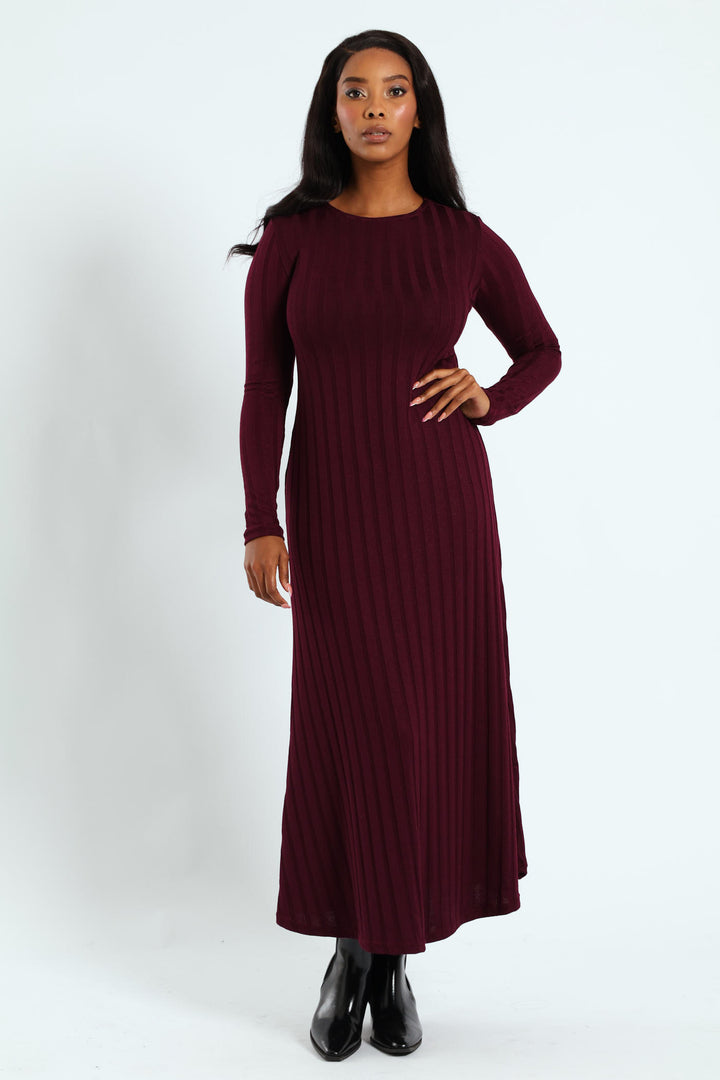Ribbed Fit Flare Cut & Sew Midaxi Dress - Burgundy