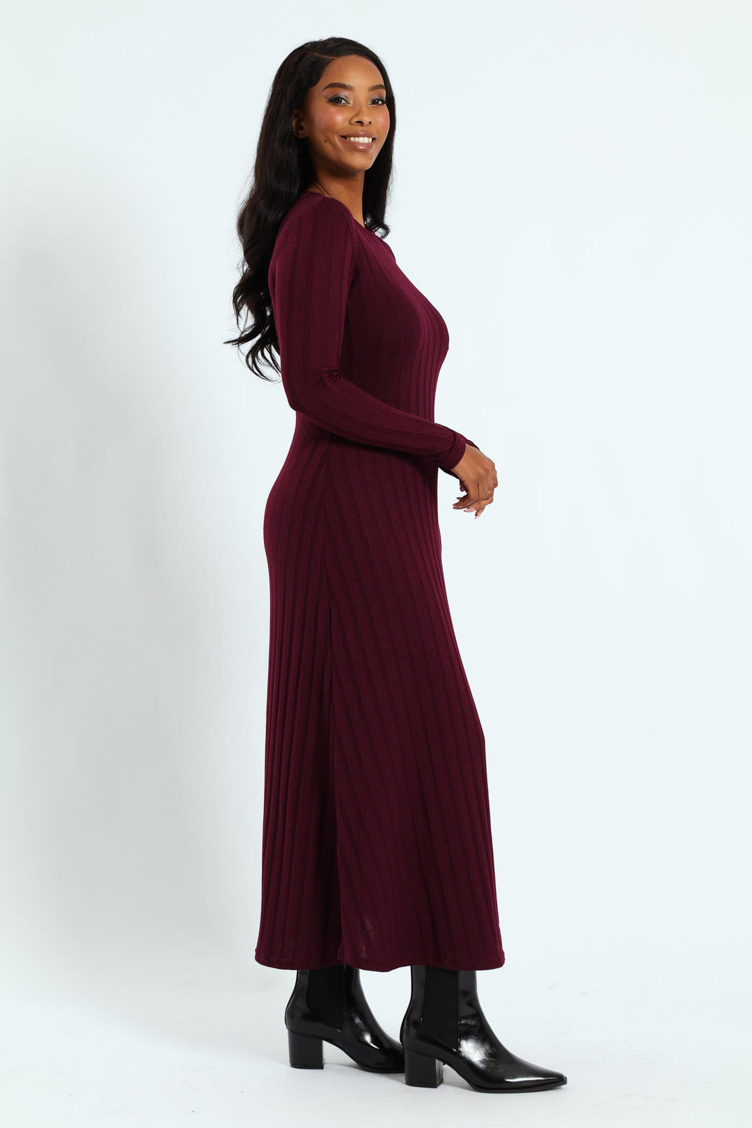 Ribbed Fit Flare Cut & Sew Midaxi Dress - Burgundy