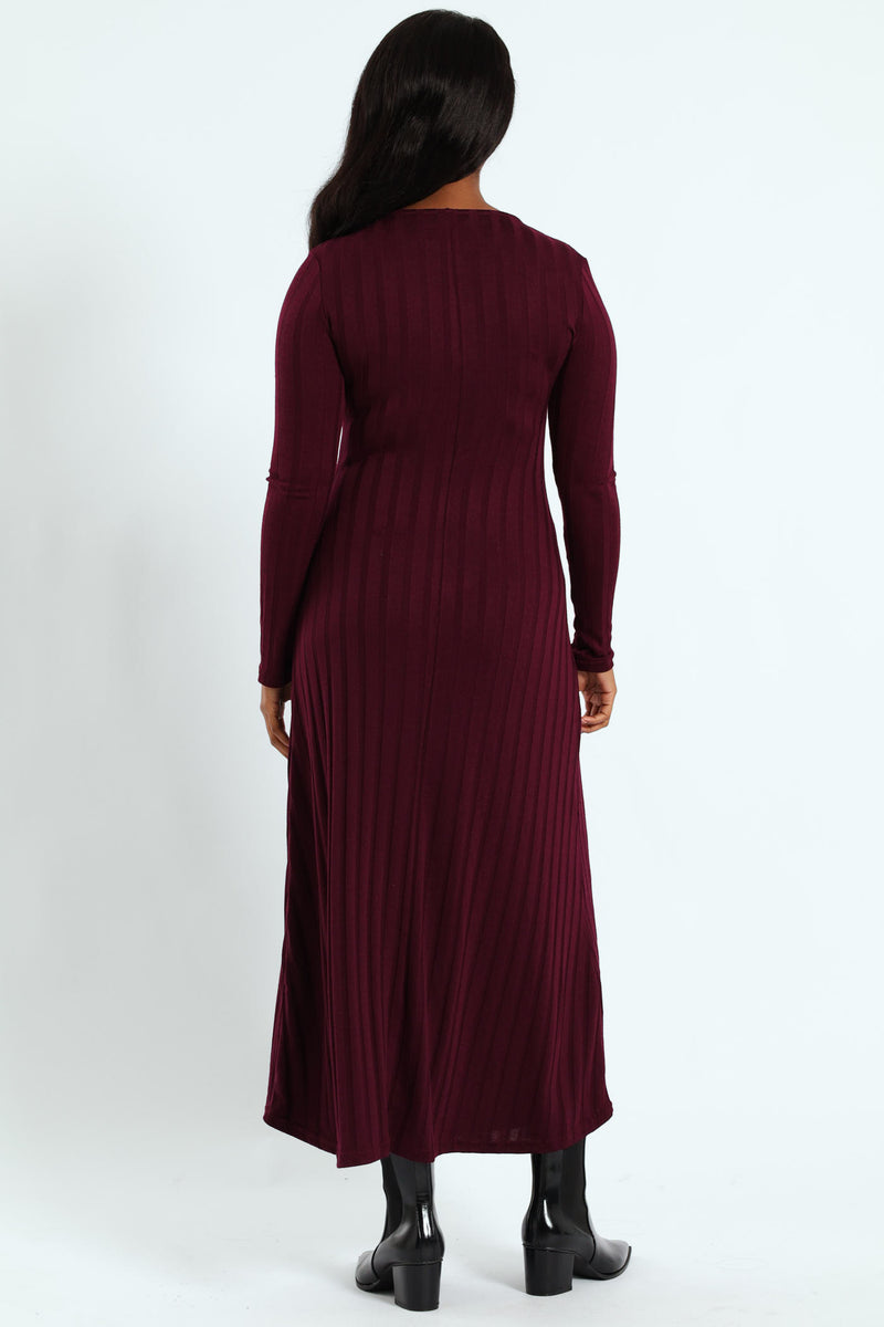 Ribbed Fit Flare Cut & Sew Midaxi Dress - Burgundy