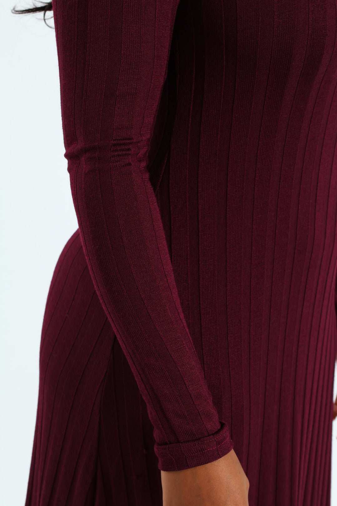 Ribbed Fit Flare Cut & Sew Midaxi Dress - Burgundy