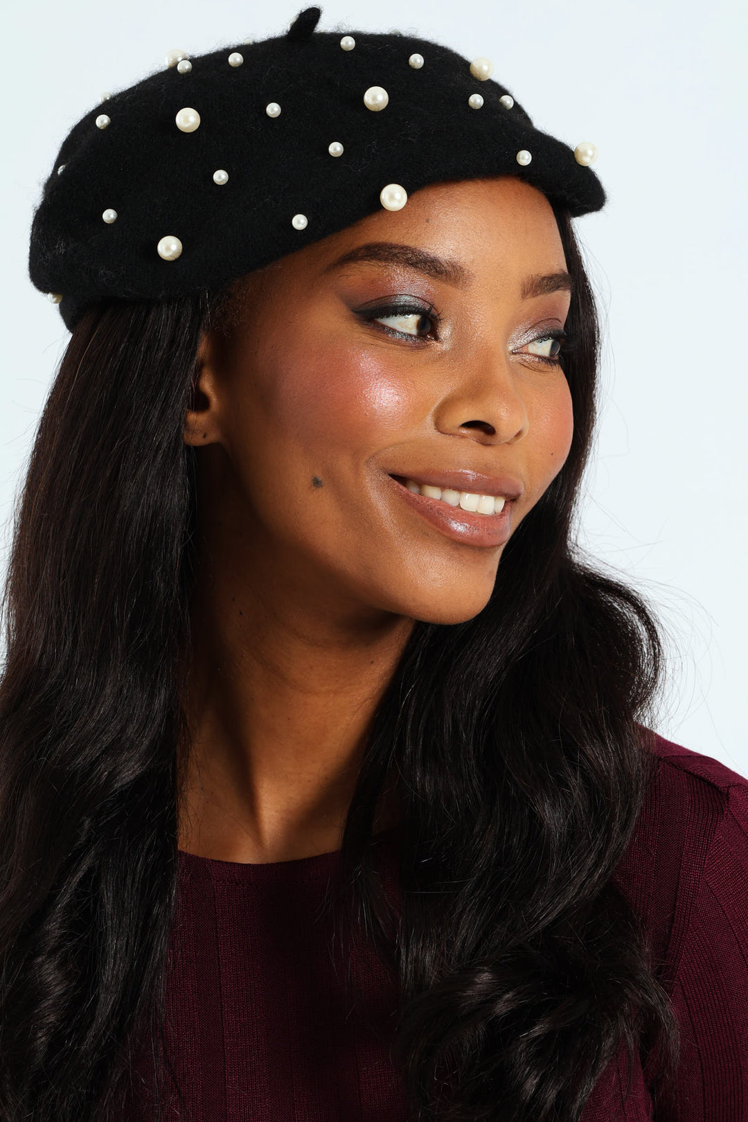 Faux Pearl Bead Beret - Black