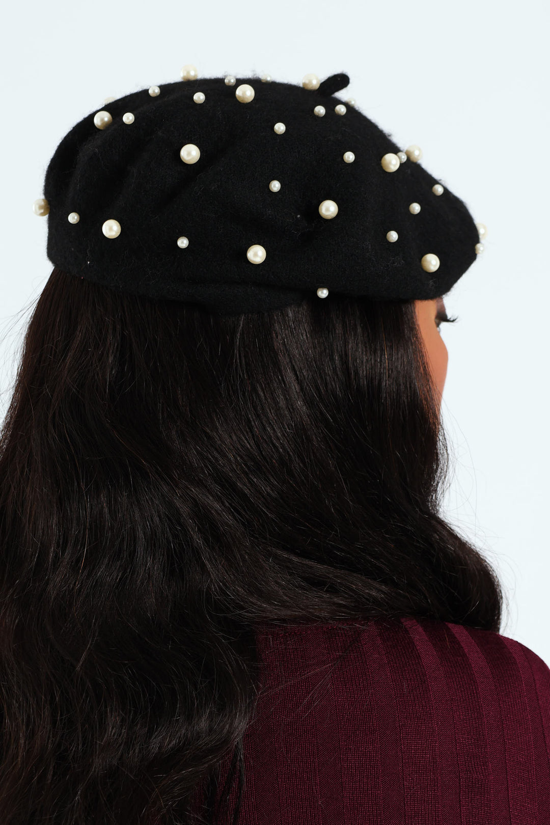 Faux Pearl Bead Beret - Black