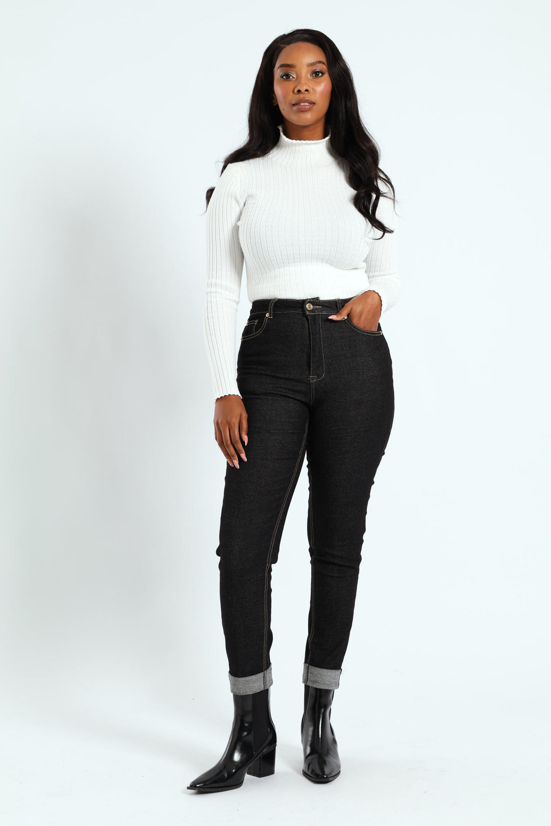 Roll Hem Crease Front Cigarette Denim - Black