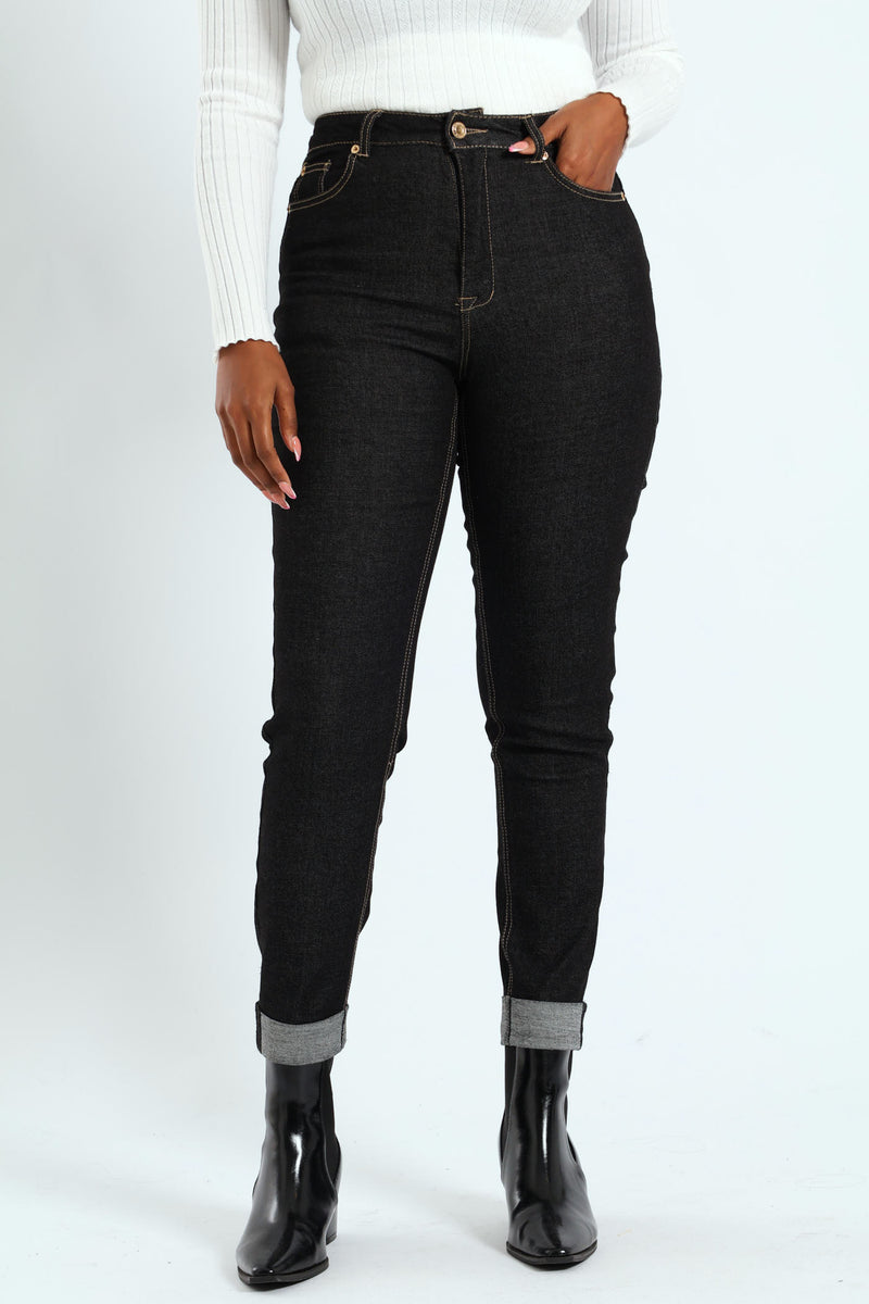Roll Hem Crease Front Cigarette Denim - Black