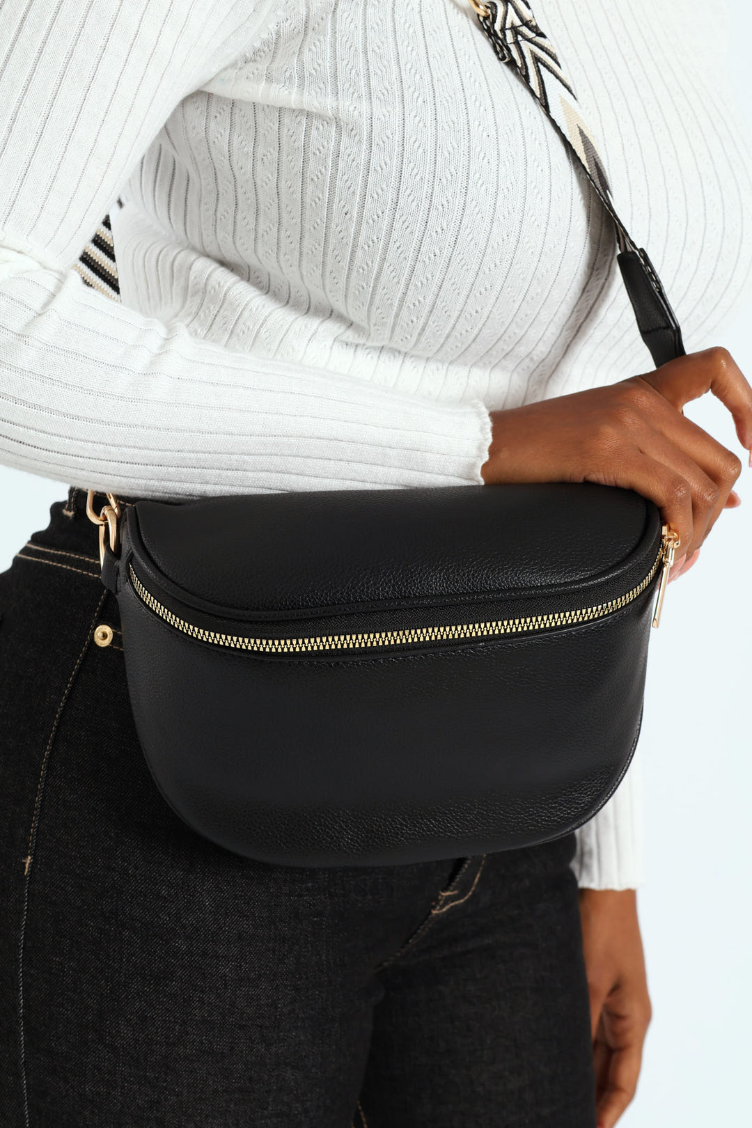 Gold Zip Moon Bag - Black