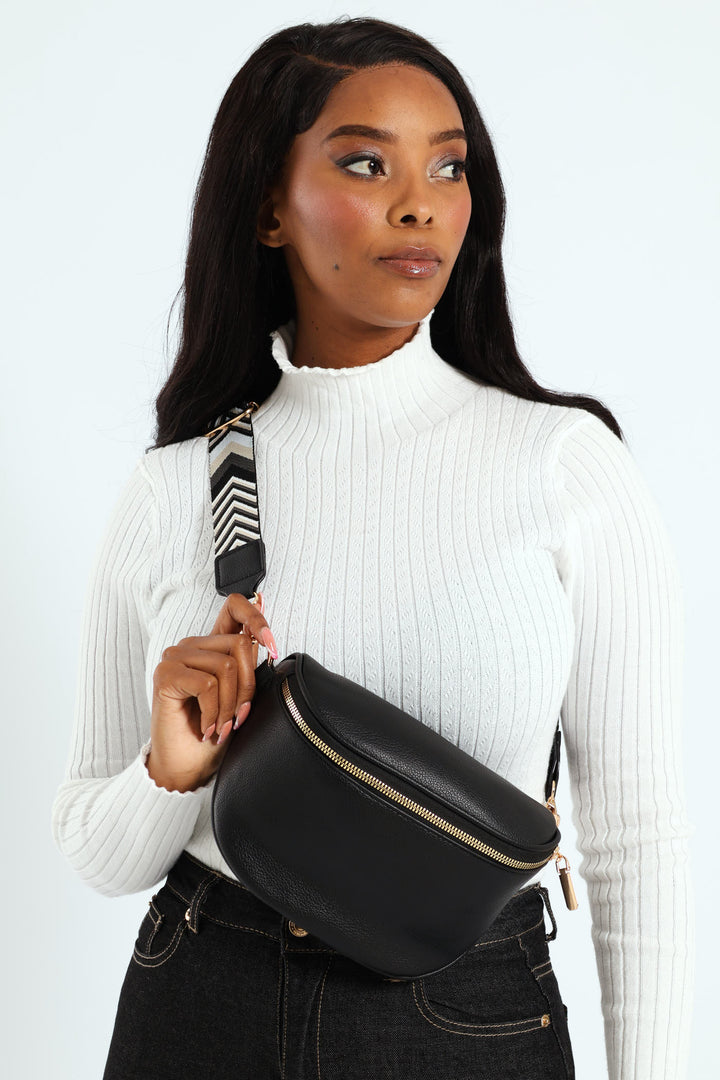 Gold Zip Moon Bag - Black