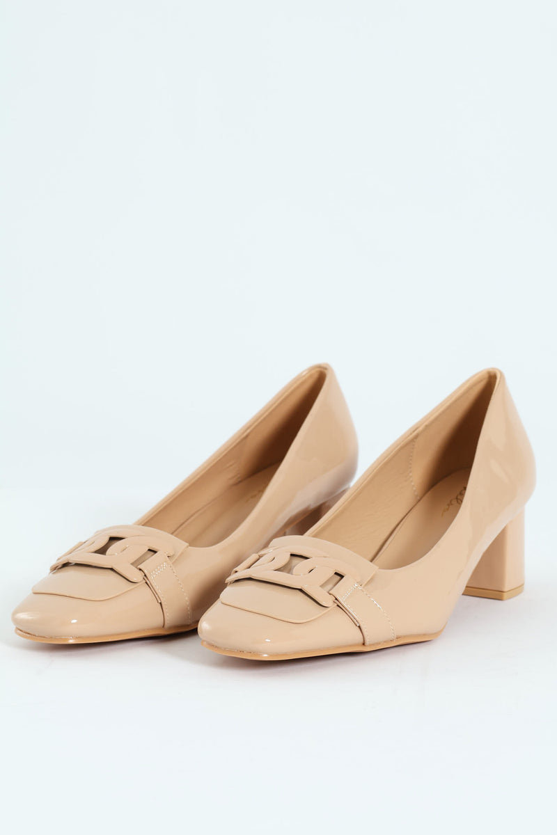 Self Colour Trim Patent Block Court Heel - Cream