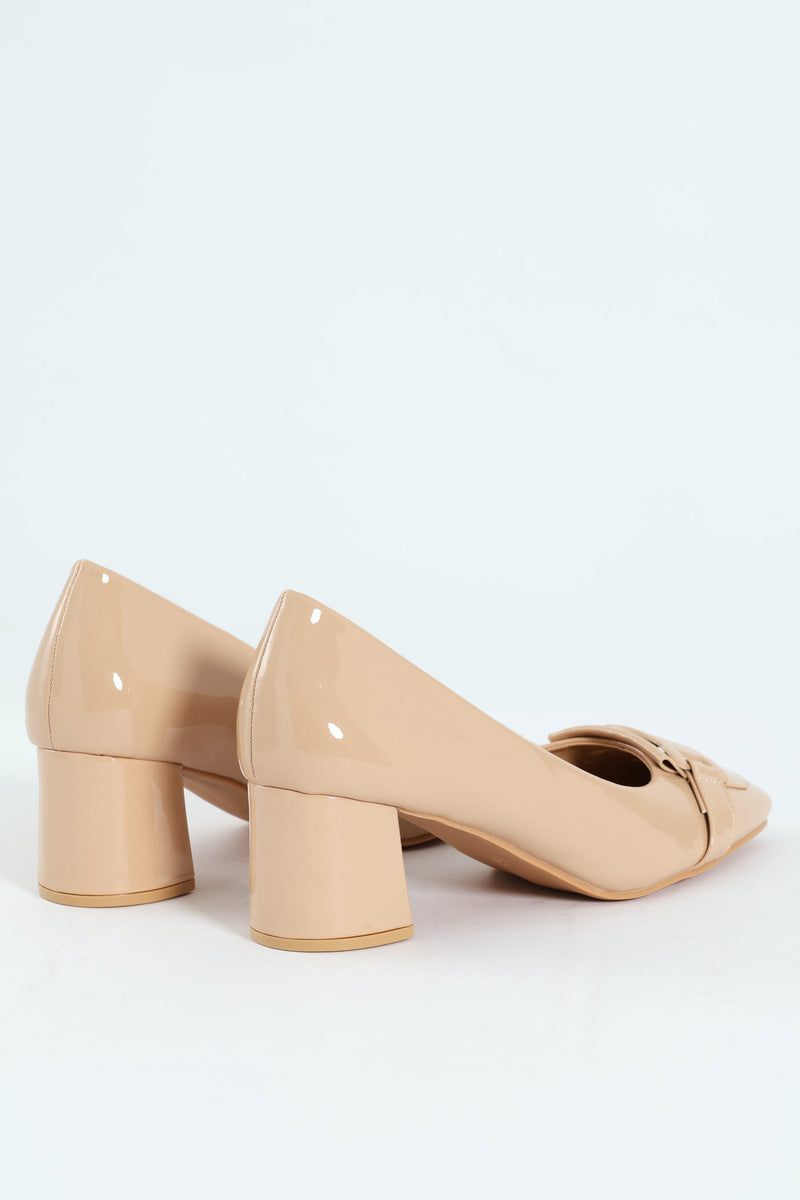 Self Colour Trim Patent Block Court Heel - Cream
