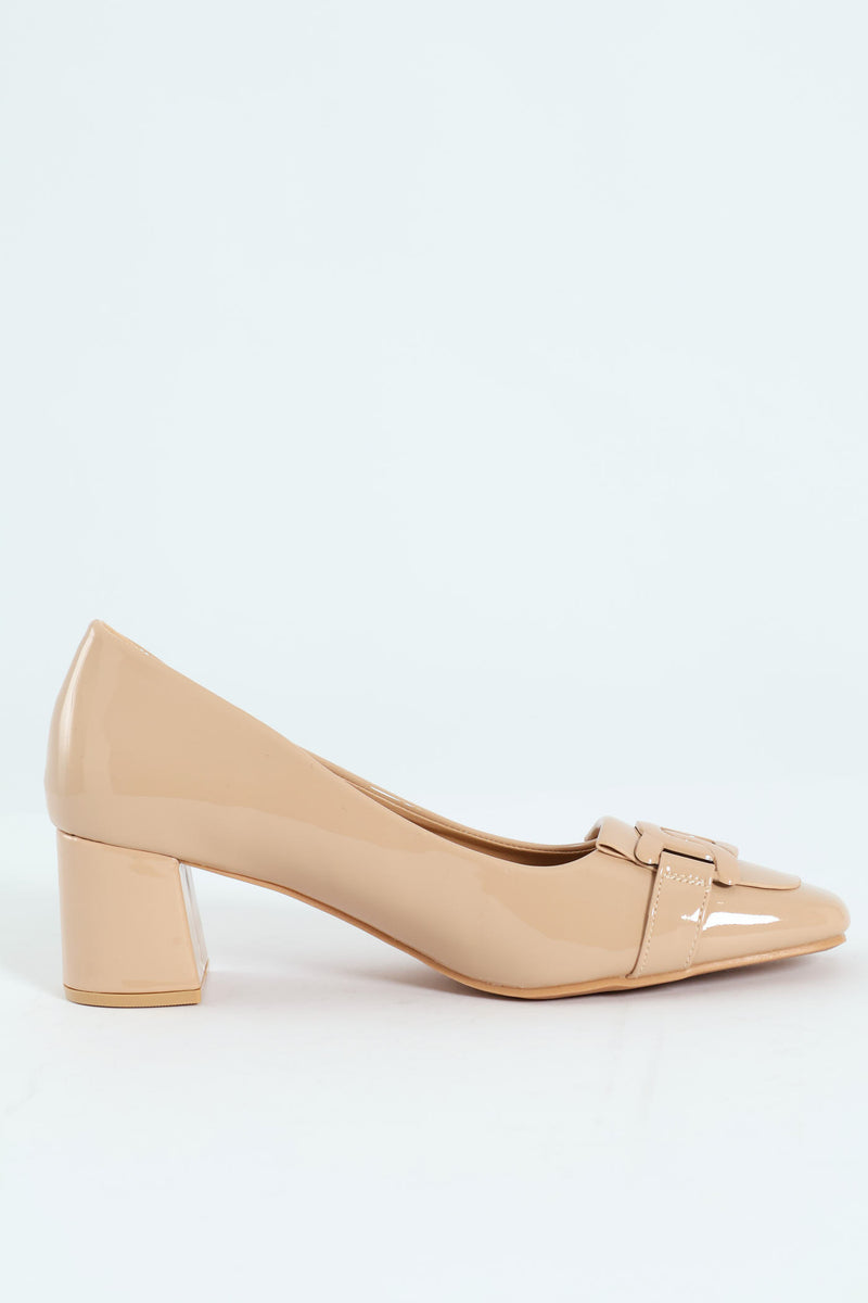 Self Colour Trim Patent Block Court Heel - Cream