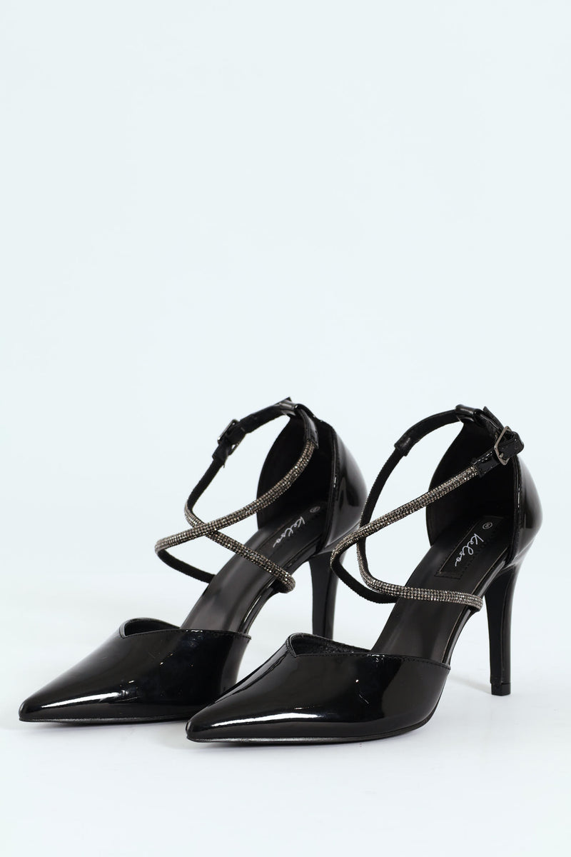 Diamante Cross Strap Court Heel - Black