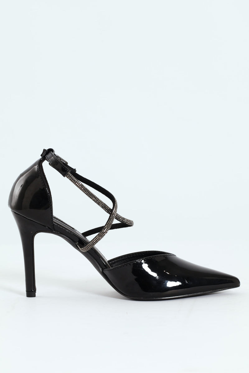 Diamante Cross Strap Court Heel - Black