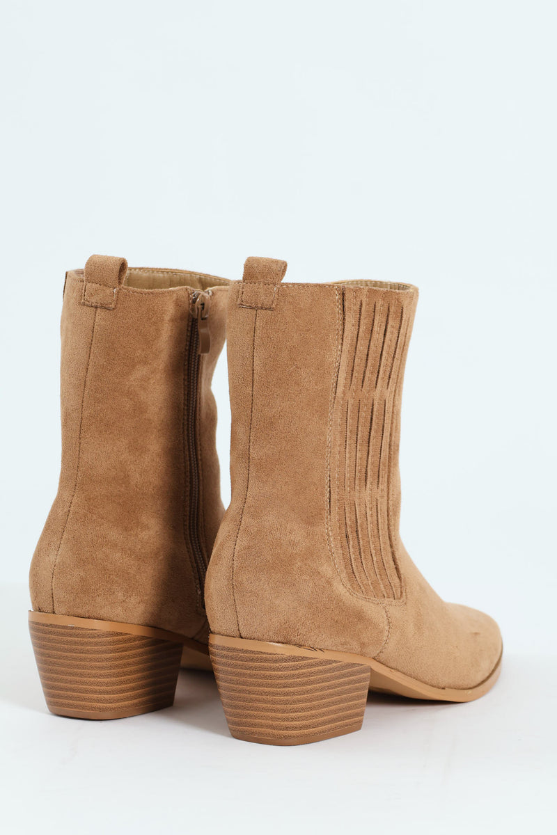 Microfibre Western Ankle Boot - Taupe