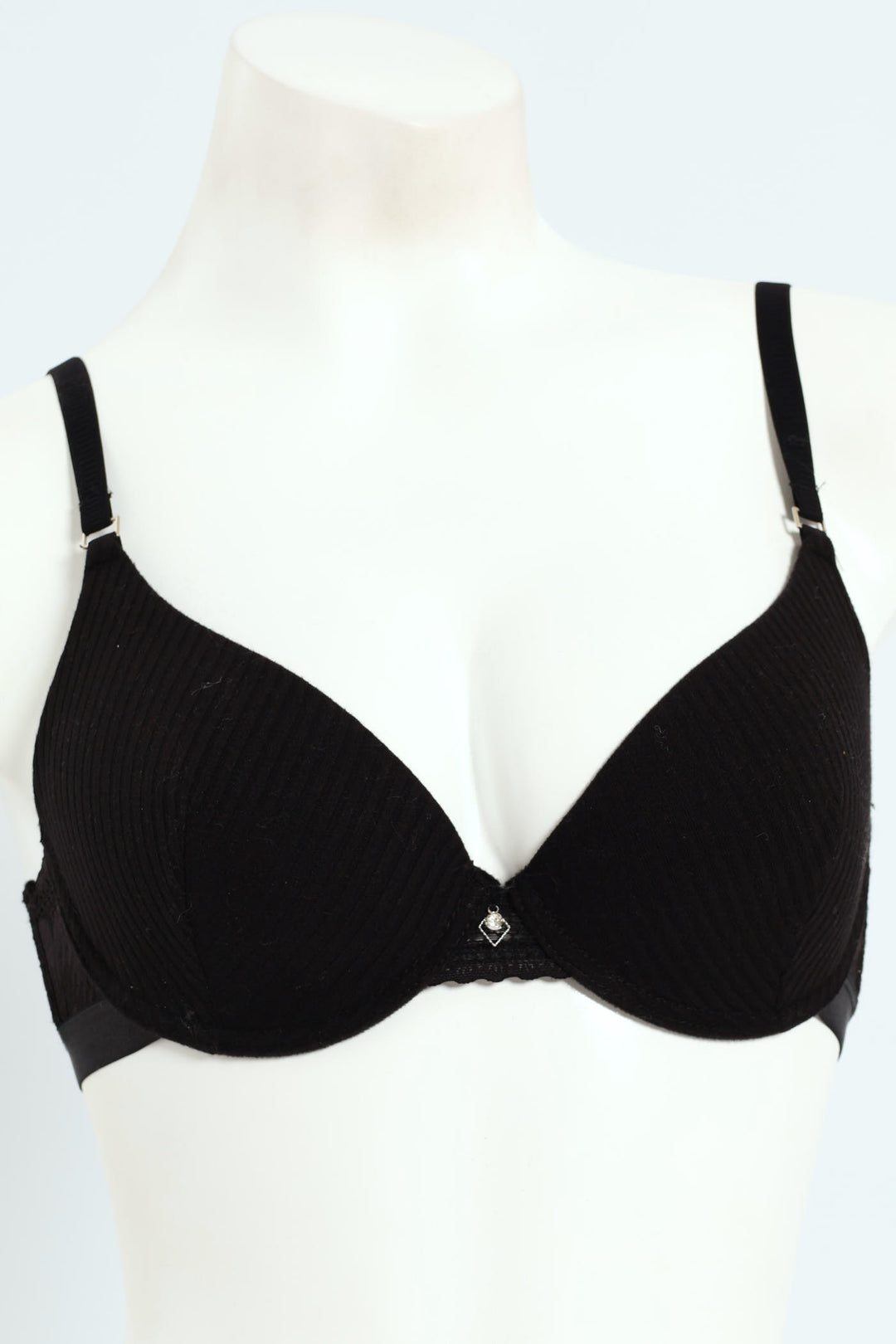 Ribbed Cotton & Lace Plunge T-Shirt Bra - Black