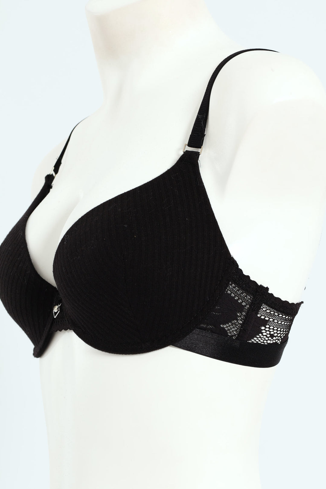 Ribbed Cotton & Lace Plunge T-Shirt Bra - Black