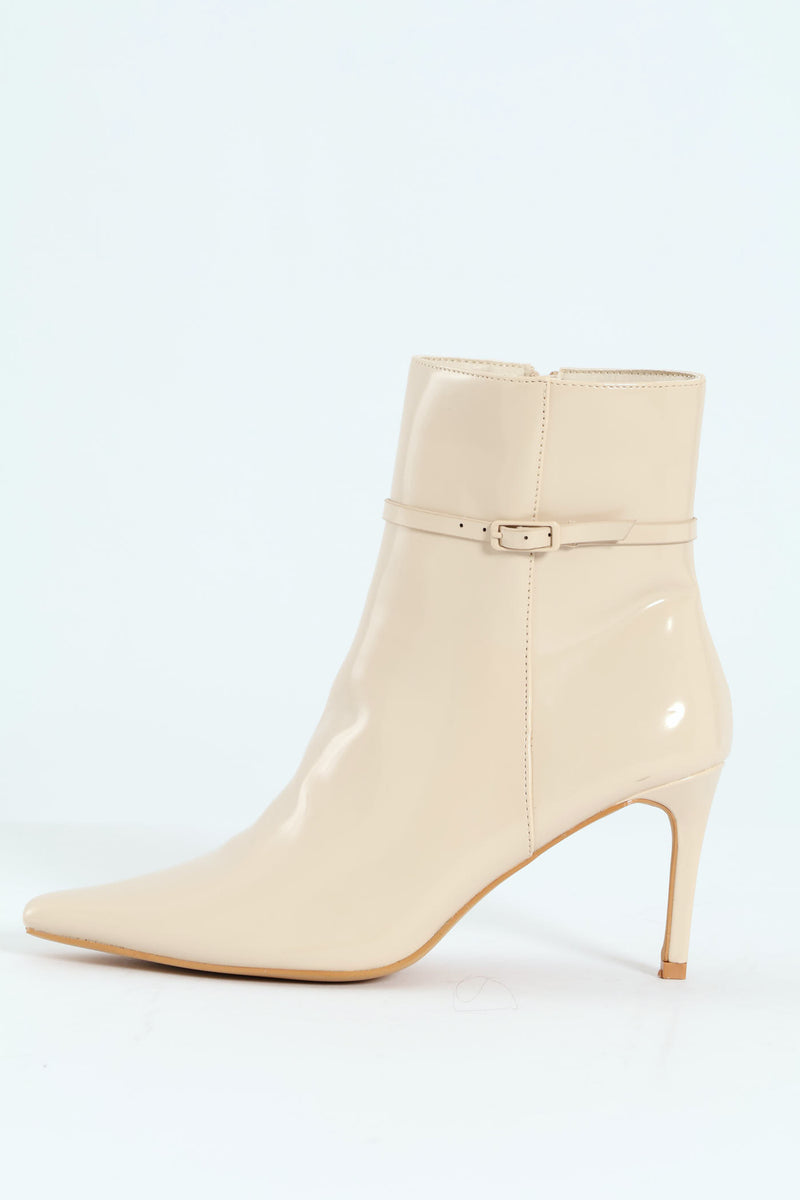 Pointed Self Colour Strap Ankle Boot - Beige