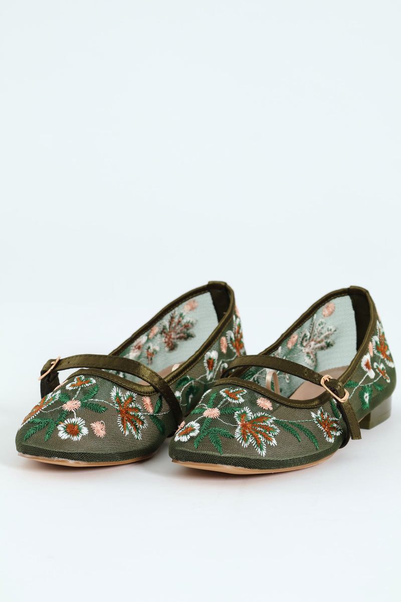 Embroidered Mesh Mary Jane Pump - Olive