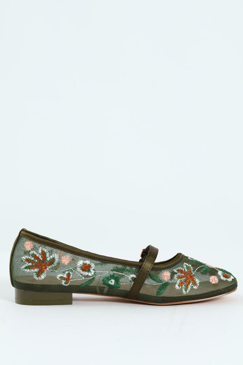 Embroidered Mesh Mary Jane Pump - Olive