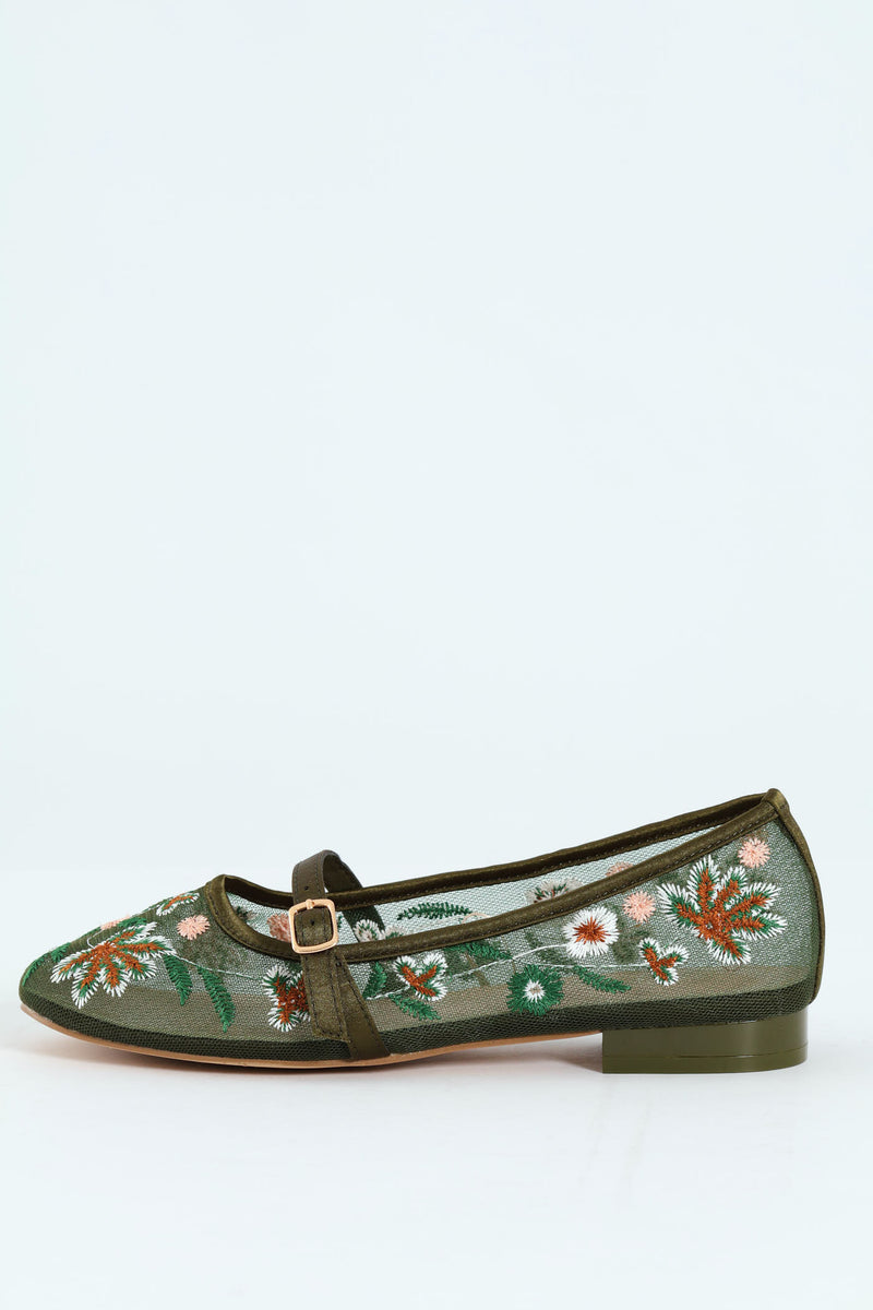 Embroidered Mesh Mary Jane Pump - Olive
