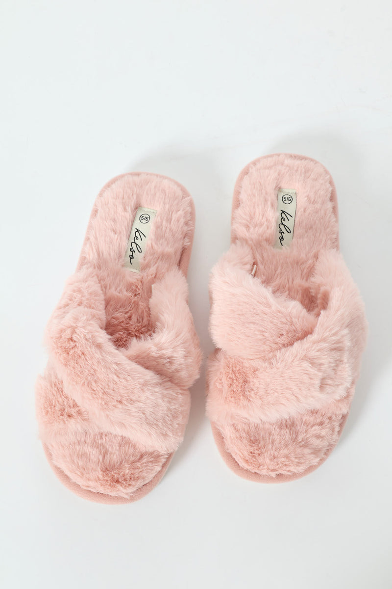 Wide Crosstrap Fur Mule Slipper - Mauve