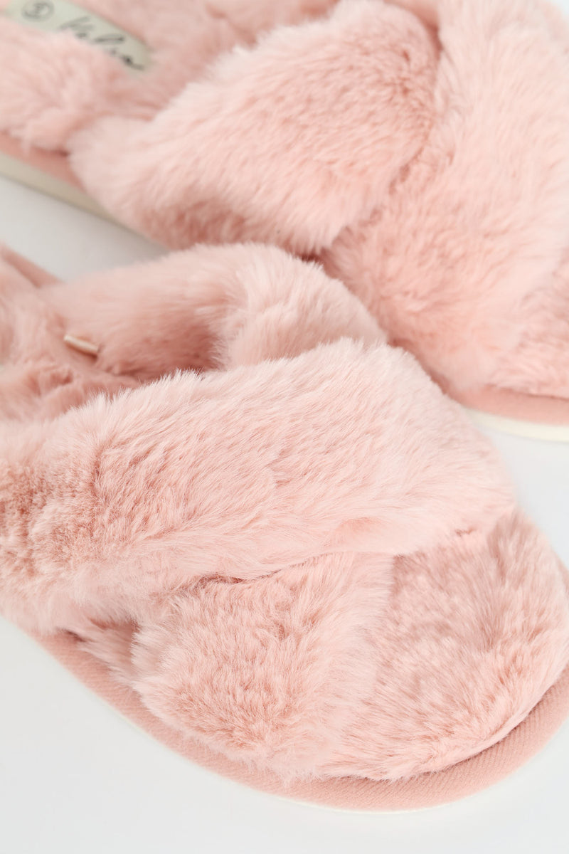 Wide Crosstrap Fur Mule Slipper - Mauve