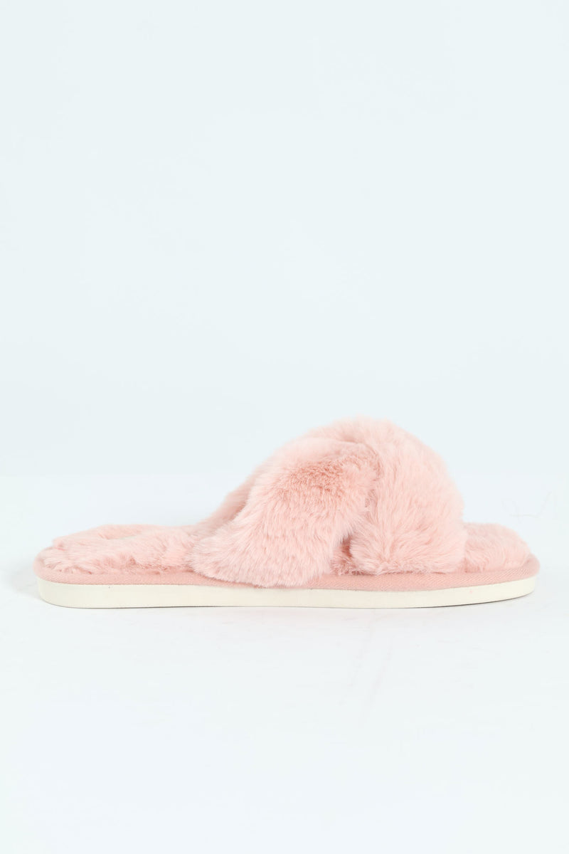 Wide Crosstrap Fur Mule Slipper - Mauve
