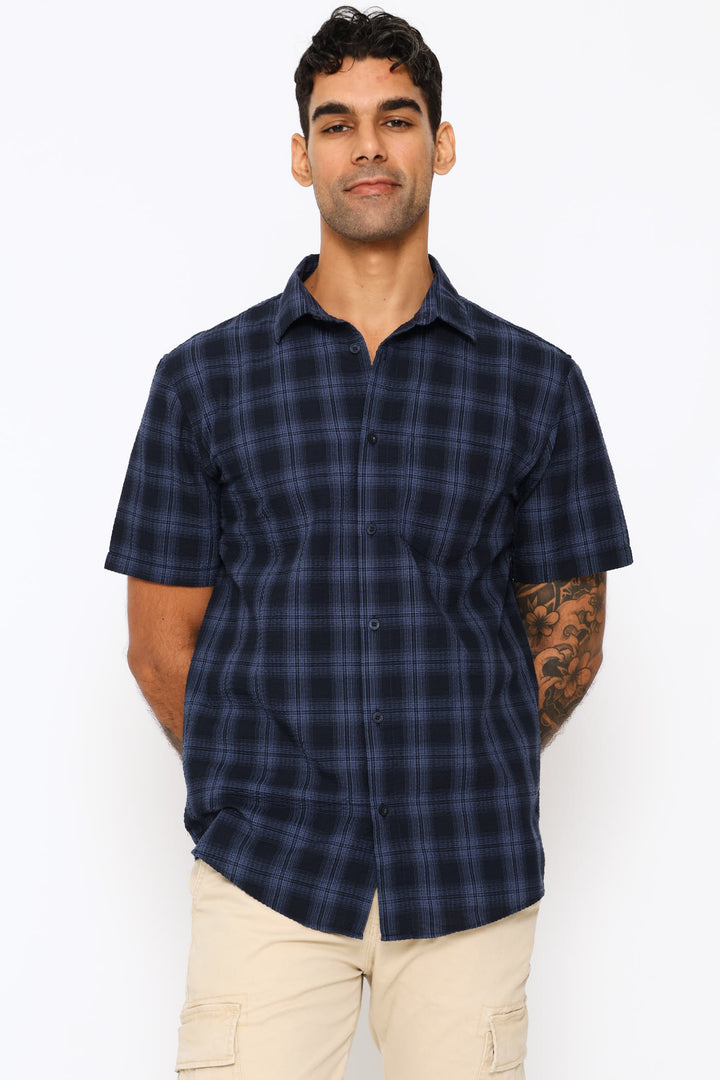 Seersucker Regular Check Shirt - Navy