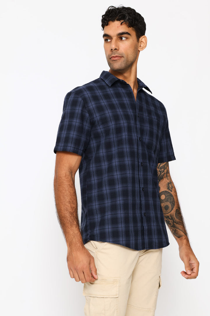 Seersucker Regular Check Shirt - Navy