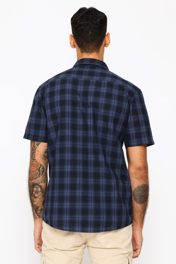 Seersucker Regular Check Shirt - Navy