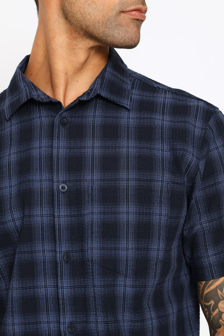 Seersucker Regular Check Shirt - Navy