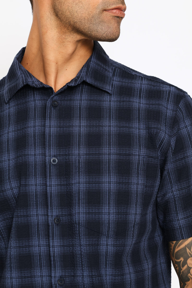 Seersucker Regular Check Shirt - Navy