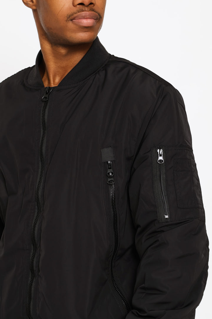 Basic Longer Zip Bomber Jacket - Black