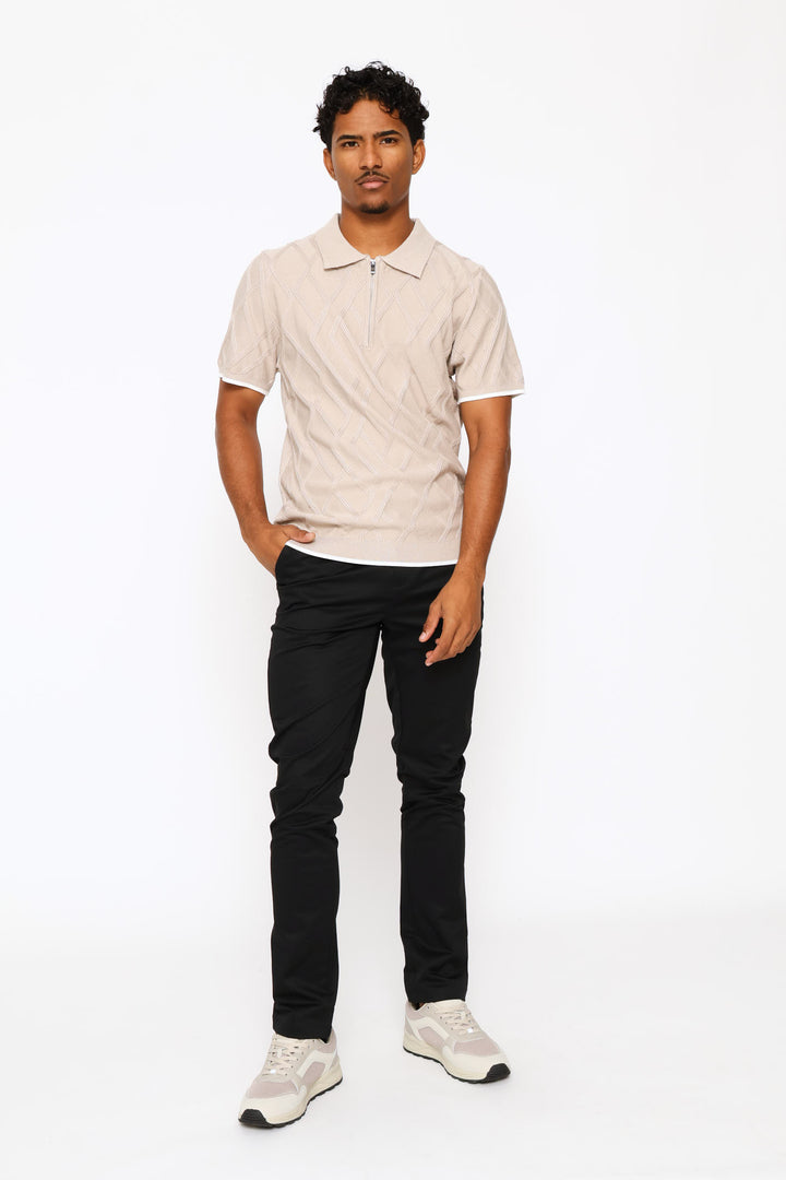 Diamond Textured Quarter Zip Knit Golfer - Stone