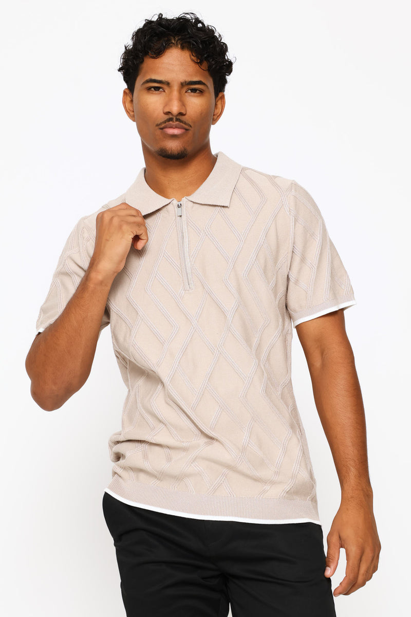 Diamond Textured Quarter Zip Knit Golfer - Stone