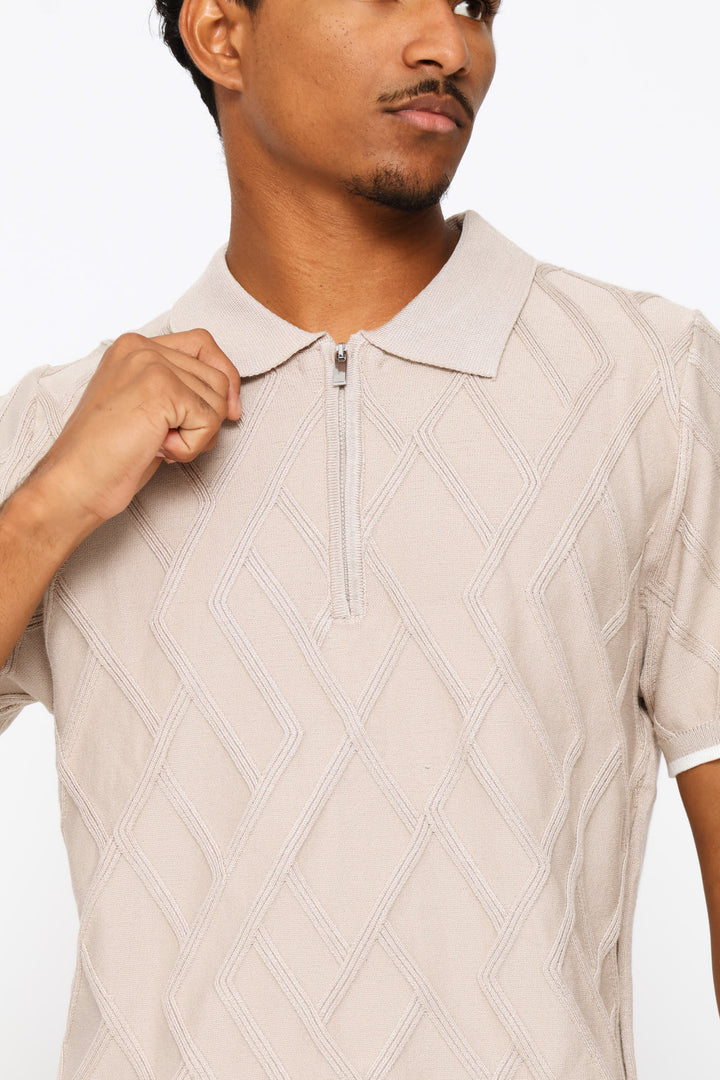 Diamond Textured Quarter Zip Knit Golfer - Stone