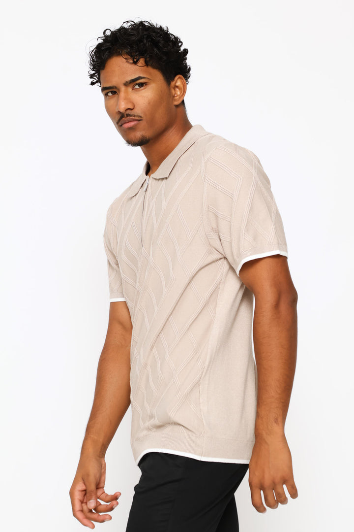 Diamond Textured Quarter Zip Knit Golfer - Stone
