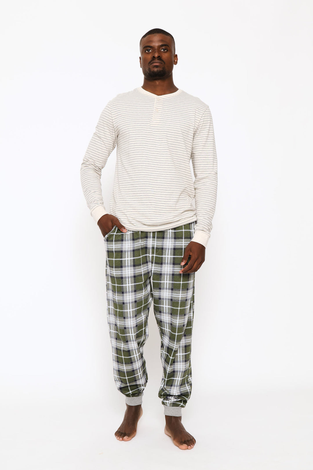 Long Sleeve Stripe Henley Top - Oatmeal/Grey Melange