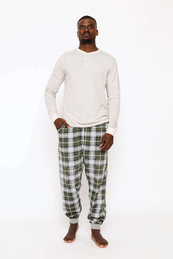 Long Sleeve Stripe Henley Top - Oatmeal/Grey Melange