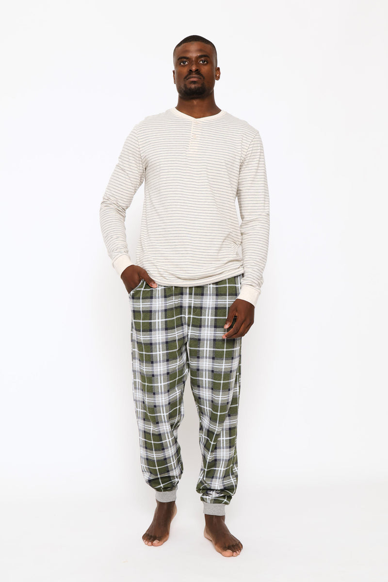 Long Sleeve Stripe Henley Top - Oatmeal/Grey Melange