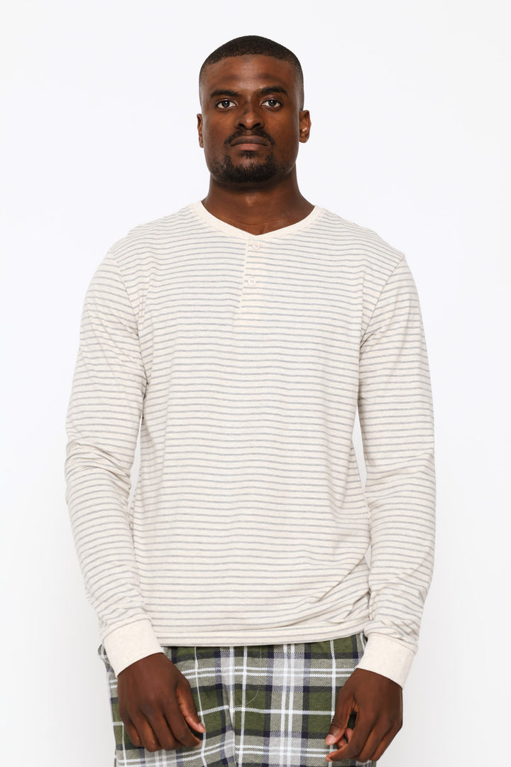 Long Sleeve Stripe Henley Top - Oatmeal/Grey Melange