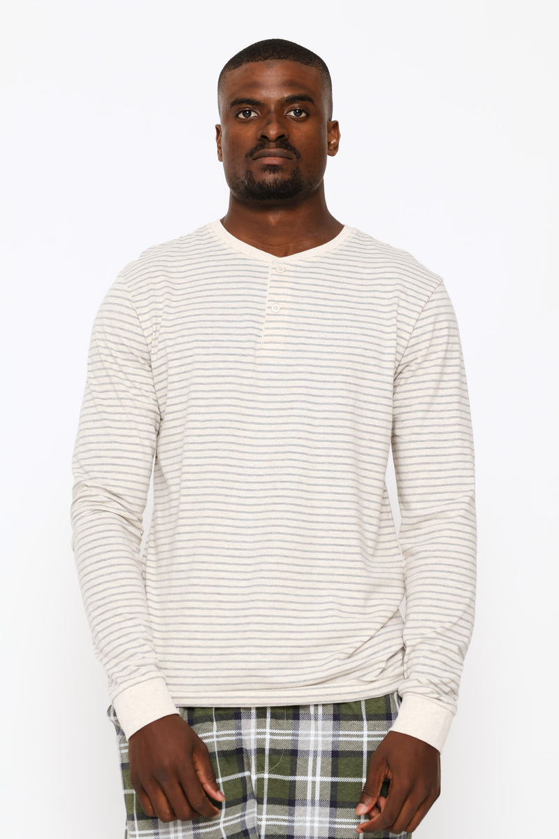 Long Sleeve Stripe Henley Top - Oatmeal/Grey Melange