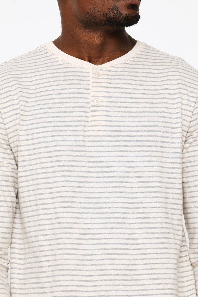 Long Sleeve Stripe Henley Top - Oatmeal/Grey Melange