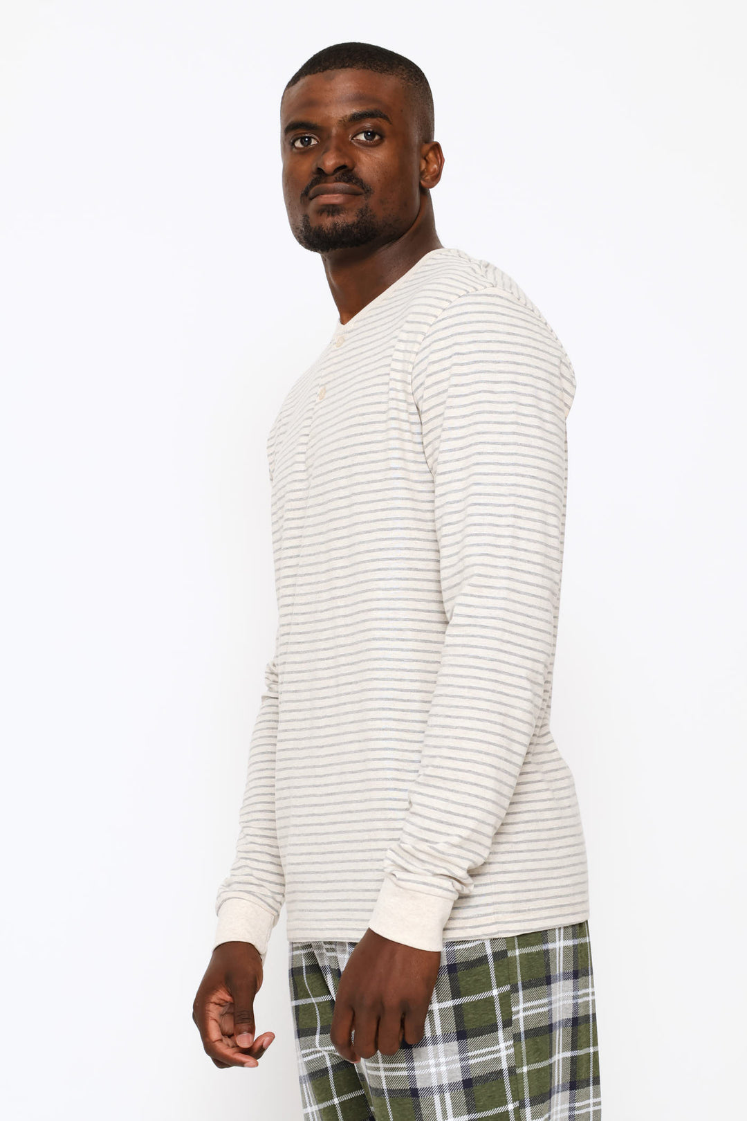 Long Sleeve Stripe Henley Top - Oatmeal/Grey Melange