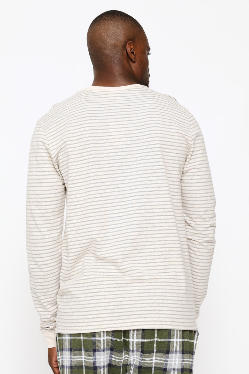 Long Sleeve Stripe Henley Top - Oatmeal/Grey Melange